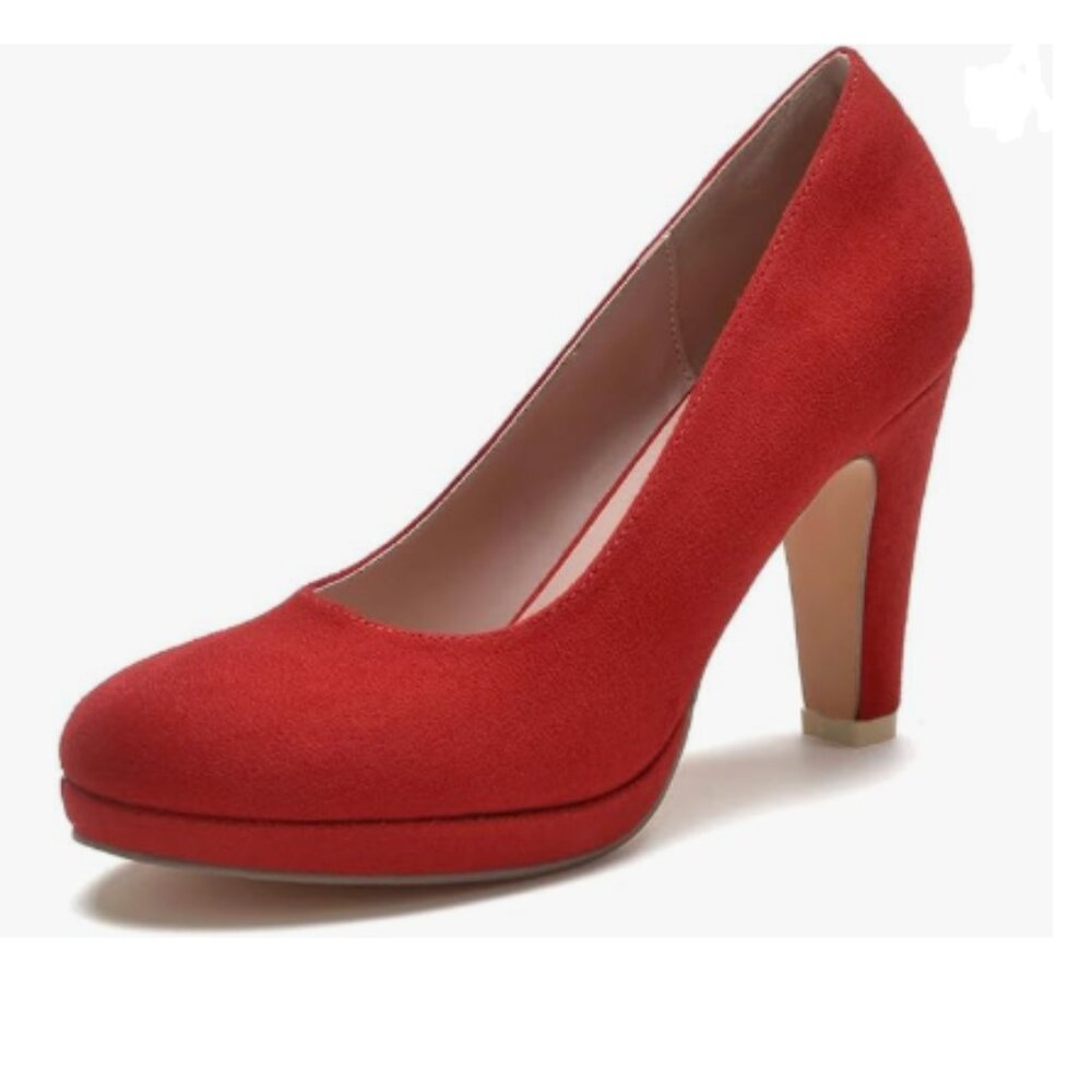 miss left Red Low Platform Chunky High Heel Slip On Round Toe Pump Dressy Shoes